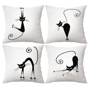 4pcs Boho Chic Black Cat Throw Pillow Covers, 18x18 Inch, Whimsical Decorative Cushion Covers with Playful Cat Designs, Zippered, Polyester, Ideal for Farmhouse Home Decor in Living Room & Bedroom - No Inserts Included, Cat Decor