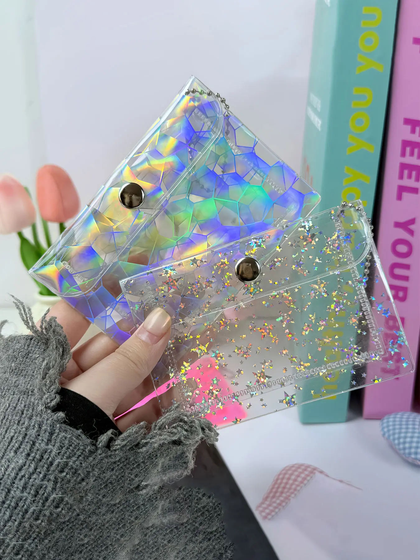 Transparent Holographic Plaid & Glitter Star Bag Card Holder Pendant with Ball Chain Keychain, Card Organizer Protector, Clear Id Badge Holder, Badge Accessories, PVC Laser Jelly ID Card Holder, Wallet Accessory, Id Holders for Badges