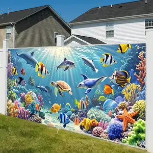 2D Door Banner of Party Banner , Made of Polyester, Featuring a Cartoon-Style Design with Sea Turtles, Dolphins, Corals, Starfish