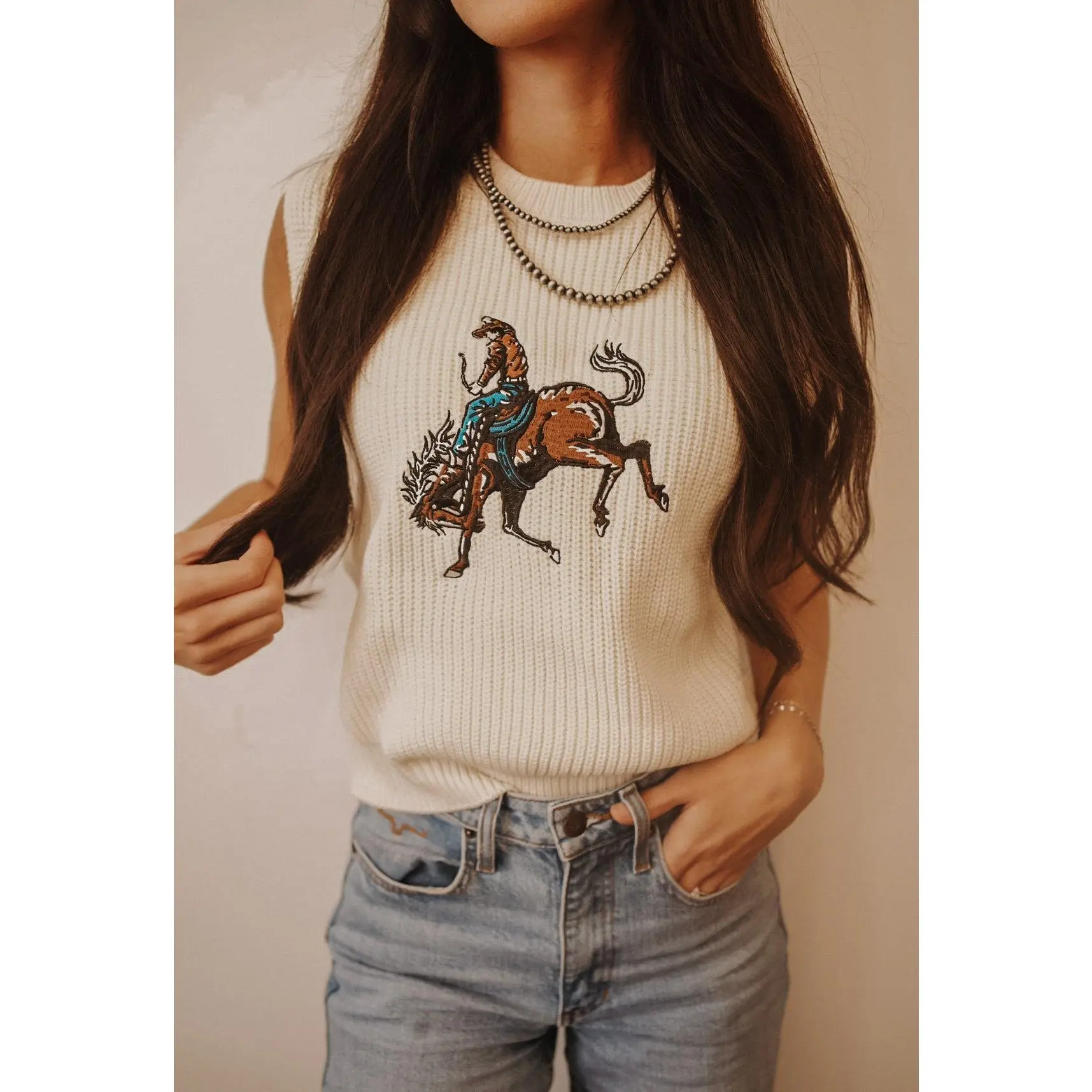 Bucking Bronco Embroidered Sweater Vest
