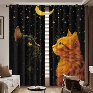 Galaxy Starry Sky and Couple Cat and Royal Cat Print Semi-Blackout Curtains, Easy Hang Eyelet Design for Bedroom Living Room Kitchen Party Decor