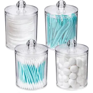 4 Pack Qtip Holder Dispenser - Cotton Ball, Swab, Round Pads, Floss , Small Clear Plastic Apothecary Jar Containers with Lids for Bathroom Storage and Organization, Vanity Organizer