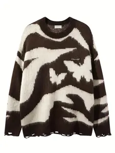 Men's Butterfly Pattern Ripped Design Round Neck Sweater, Loose Casual Comfy Long Sleeve Crew Neck Jumper for Fall & Winter, Fashion Men's Knitwear for Daily Wear