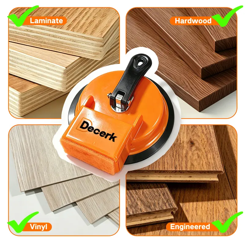 Decerk Laminate Vinyl Floor Gap Repair Tool - Home Repair & Laminate Flooring Tools, Suction Cup Plank Gap Fixer with Reusable Black Vinyl Pad, 2 Sticky Pads & Sticky Grip for LVP Engineered Wood Installation