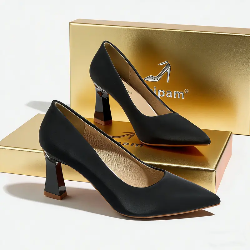 Xovipam Women's Comfort Satin Heel Pumps Pointed Toe Block Heel 8cm Work Daily Casual
