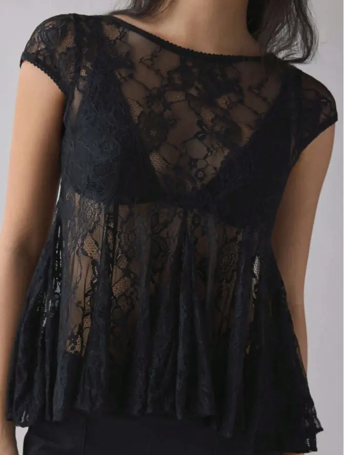 Sunnie x Women's Casual Elegant Sexy Black Pleated Lace Backless Blouse Summer