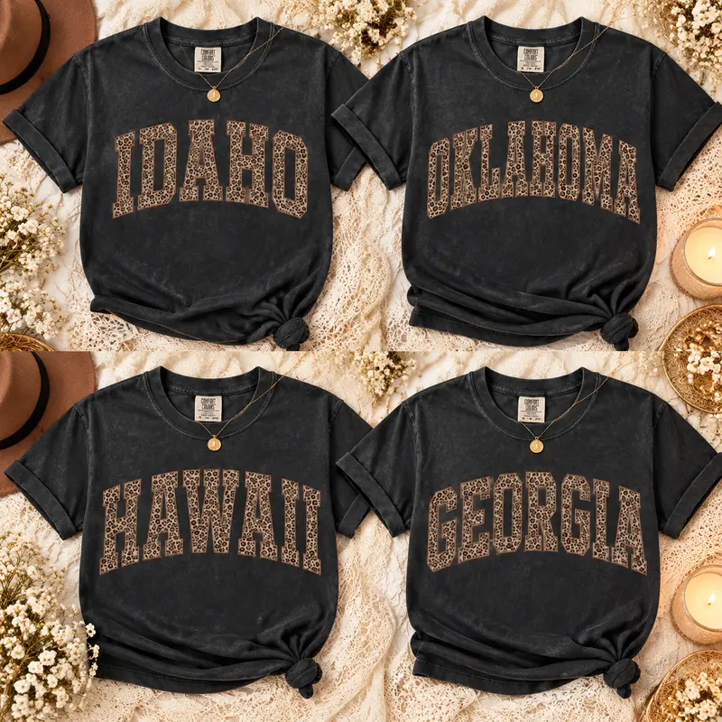 Comfort Colors Leopard All 50 States T-Shirt, Custom State Name Graphic Tee, USA States Shirt, College Leopard Print Shirt, Personalized Gift for Her, Trendy Unisex Cotton Top, Cute Travel Souvenir Tee - DPCLICK