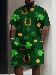 Men's Plus Size Short Sleeve Shorts Set Four-Leaf Clover Horseshoe Gold Coin Print St Patrick's Day Party