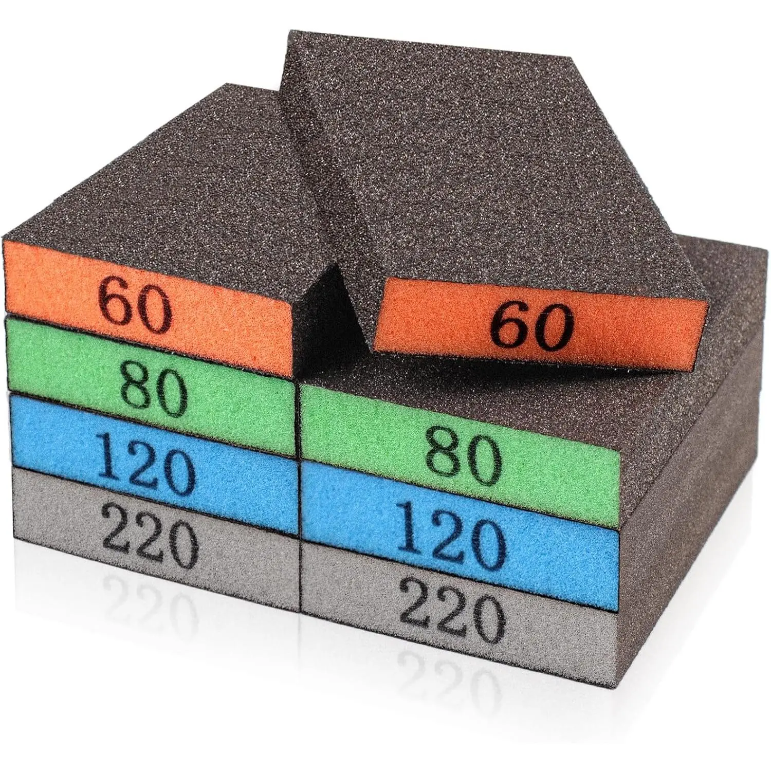8 Pack Durable Sanding Sponges - Washable Polishing Pads with 60/80/120/220 Grit, Easy-to-Identify Blocks for Putty Sanding, Hand Sanding, Drywall, Metal Furniture, Improves Work Efficiency