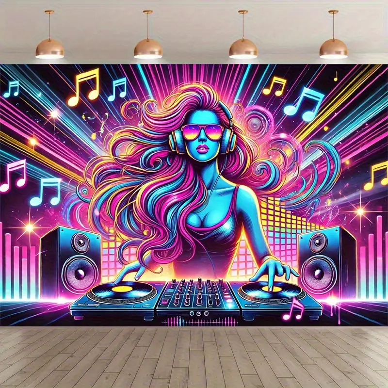 1pc Vibrant Modern DJ Party Tapestry - Home Supplies, Neon Music Notes-Headphones Print Home Decor, Durable Synthetic Polyester for Indoor-Outdoor Events, Disco Backdrop