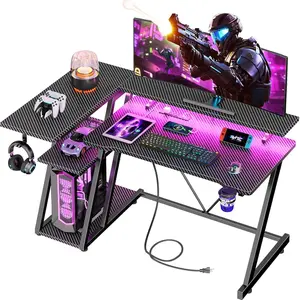 40 Inch Gaming Desk with Power Outlet and LED Lights, L Shaped Computer Gaming Table with 3 Tier Storage Shelves, Corner Gamer Desk with Monitor Stand for Small Spaces, Carbon Fiber Black Finish Gaming Workstation