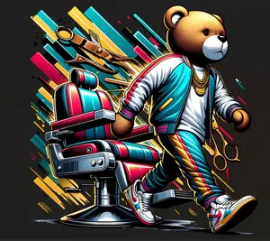 Barber Bear Ready to Press Heat Transfer DTF Transfer Direct to Film for Cotton and Polyester Garments with Firm Press Settings 300-320°F