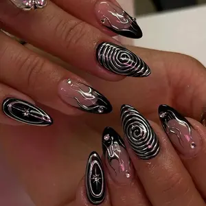 [FLASH SALE 50] Cosmic Chrome Press On Nails – Black and Silver Nails with Flame Art, Spiral Design and Star Accents, Edgy Luxury Fake/False Nails