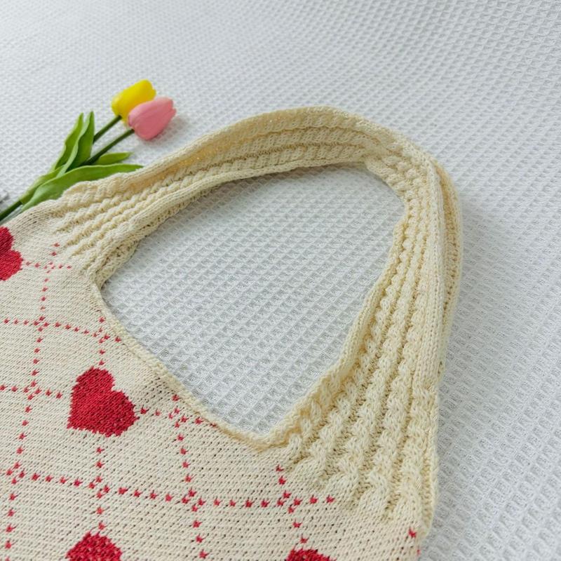 Heart Crochet Tote Bag Cute Valentines Day Gift for Women Adorable Purse with Keychain Cutecore Aesthetic Y2K Style Handbag Perfect Present