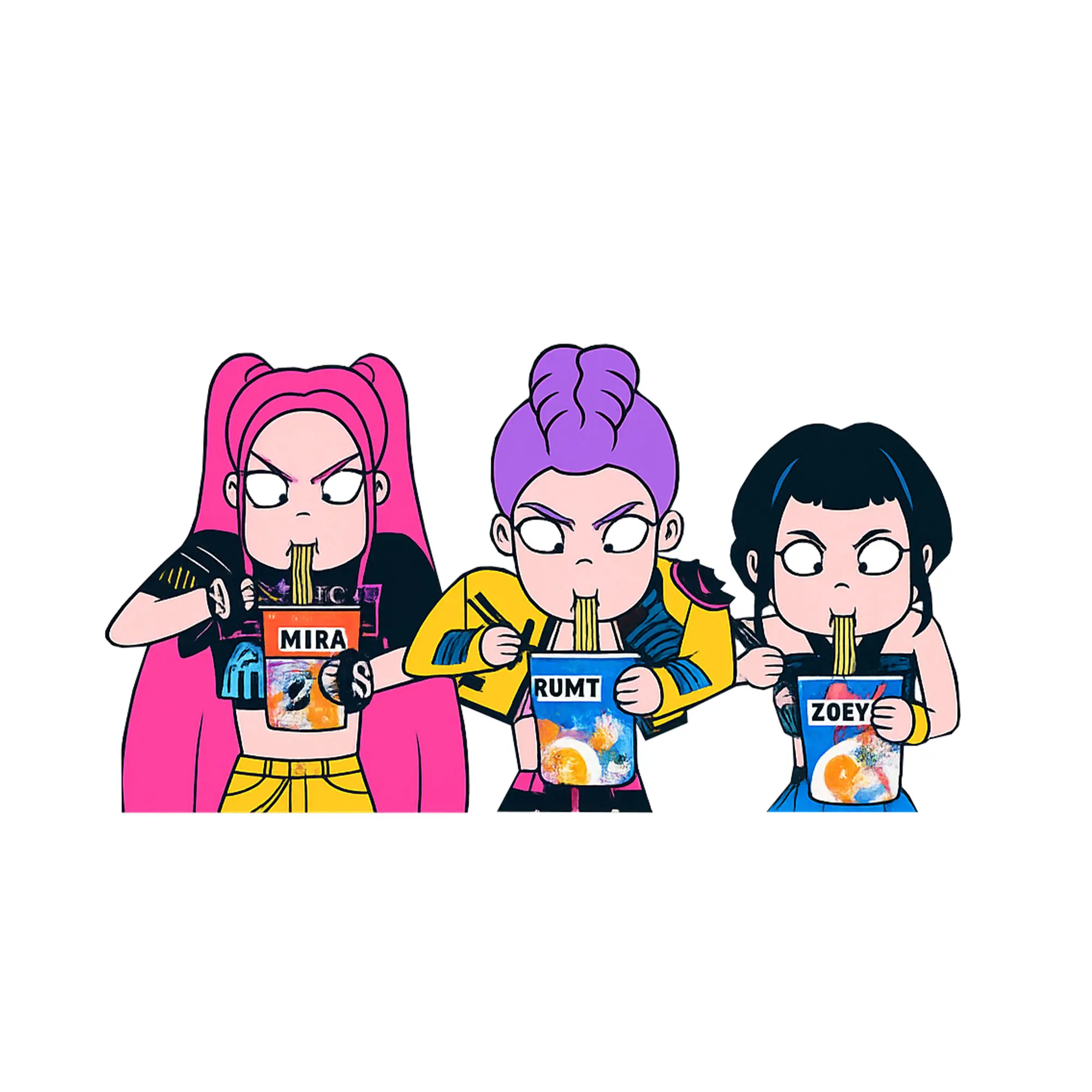 Funny Anime-Style Sticker Set (Mira, Rumt & Zoey), Whether You're on The Pink, Purple or Black Hair Team, This Noodle-loving Trio Will Bring Personality And Humor to Your Laptop
