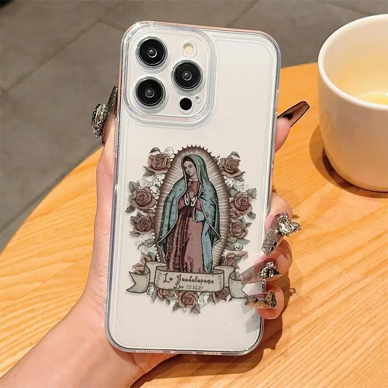 Flower & Virgin Mary Pattern Phone Case, Decorative Phone Protector Cover, Phone Accessories Compatible with iPhone 11 12 13 14 15 Pro Max XR XS Max