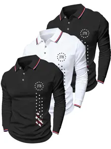 Men's 3-Pack Casual Fitted Long Sleeve Polo Shirts, Polo Tees, Trendy Printed Design for Spring & Fall, Perfect Gift for Him