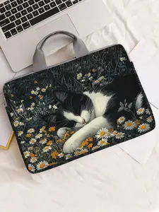 Cat Pattern Printed Notebook Bag, Soft Laptop Sleeve, Tablet Case, Zipper Storage Pouch, Casual Style, All Seasons, Random Print, Laptop Travel Bag