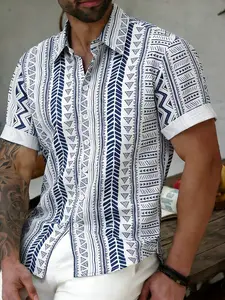Men's Summer Tribal Stripe Ethnic Style Short Sleeve Shirt, Loose Fit, Boho Look, Perfect for Beach Vacation, Streetwear, Music Festivals, Tropical