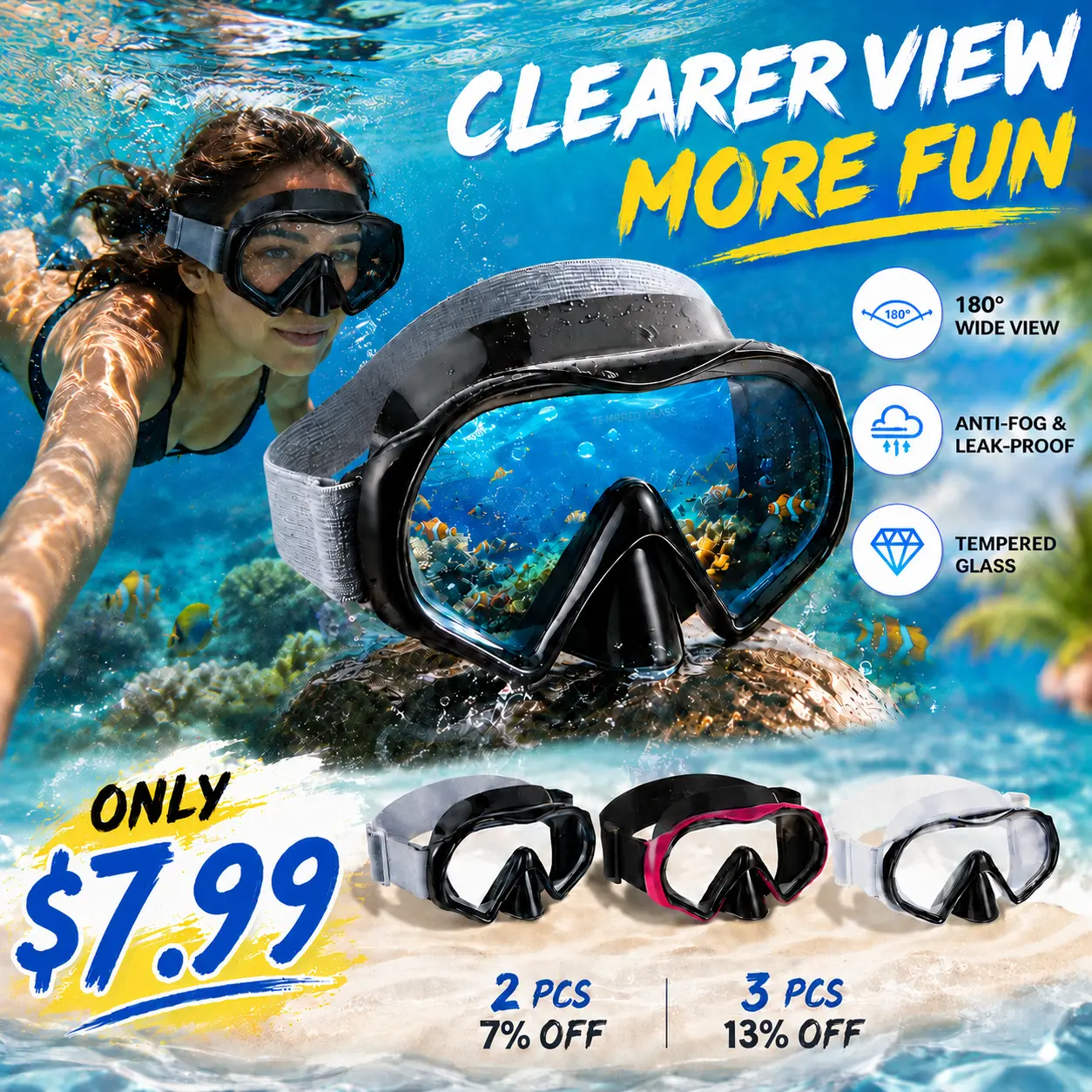 Aegend Adult Anti-Fog Swim Diving Mask with Nose Cover - Tempered Glass Lenses, Panoramic View, No Leak, Knitted Adjustable Strap, Underwater Gear for Diving, Snorkeling, Water Sports, Swim Diving Masks