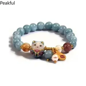 Feng Shui Lucky Cat Bracelet – Blue Crystal Ceramic Cat Pendant, Good Luck Jewelry for Women, Cute & Stylish Accessory, Ideal for Daily Wear, Gift Idea for Special Occasions