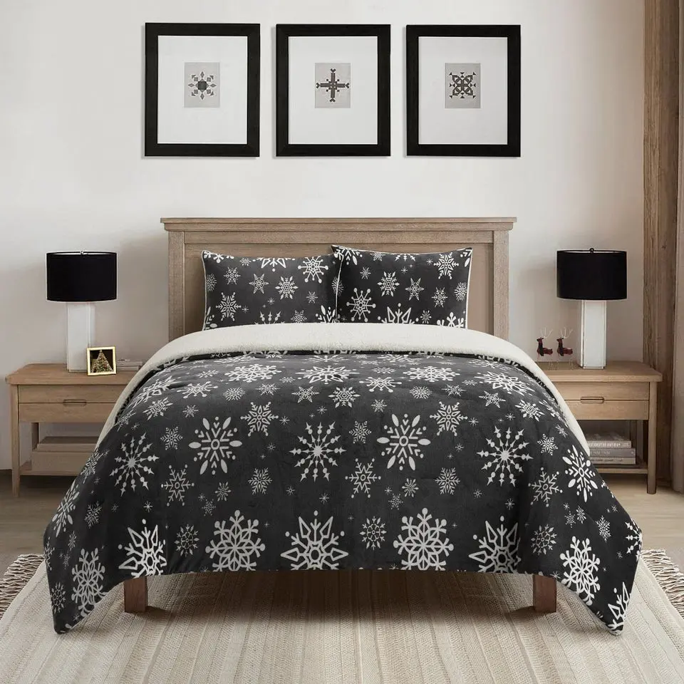 Flakes 3 Piece Sherpa Comforter Set, Black/White, Flakes