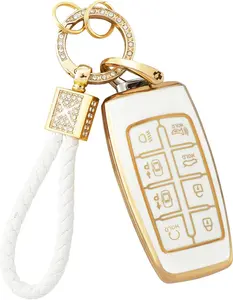 Key Fob Cover for Genesis GV70 GV80 2023 2022 2021 Accessories 8 Buttons Car Keys Case Shell with Cute Girly Keychain Ring Protector Bling White Gold TPU Women Gifts