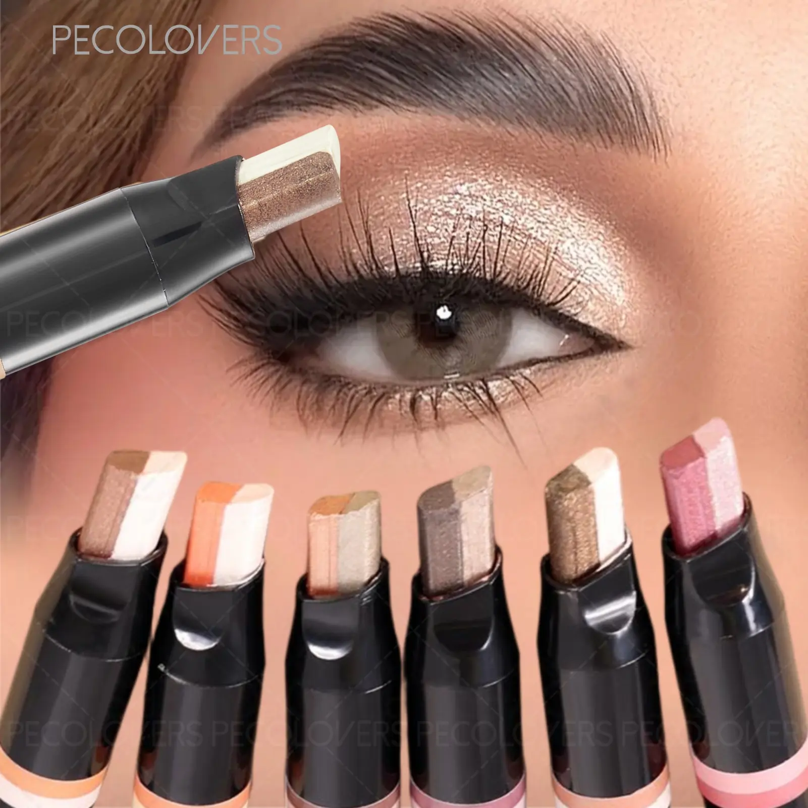 1PC Long Lasting Glitter Double Color Eyeshadow Stick Two Tone Shimmer Metallic Gradient Waterproof Shadow Pen 2 in 1 Eye Makeup Shimmer Glitter Pigment Eyeshadow Pencil Crayon Glitter Duochrome Eyeshadow