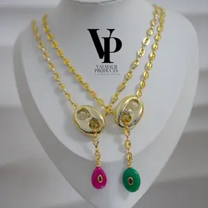 Valmaur Products Gold Chain Mariner Necklace with Pink and Green Beads Fashion Jewelry for Women Elegant Accessory