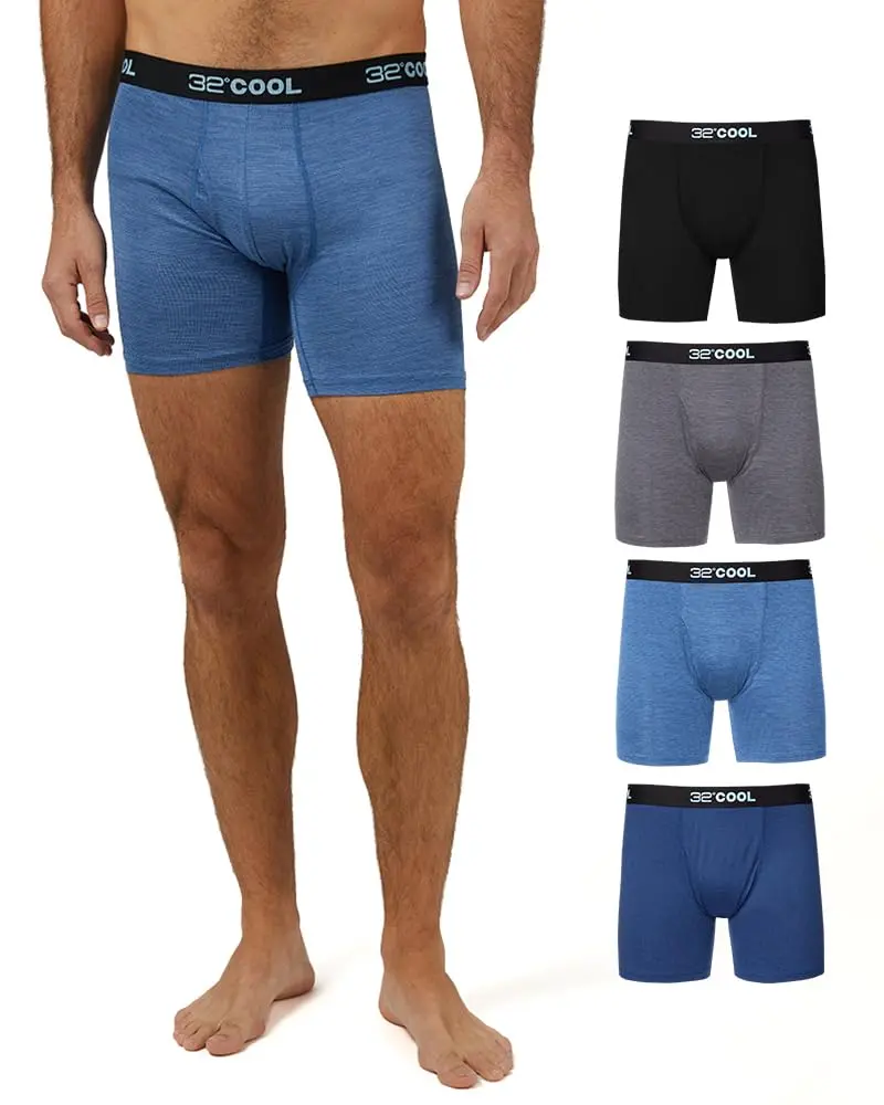 32 Degrees Cool Mens 4-PACK Quick Dry Performance Boxer Brief With Comfort Elastic Waistband, Black/Blue/Denim/Charcoal, Large