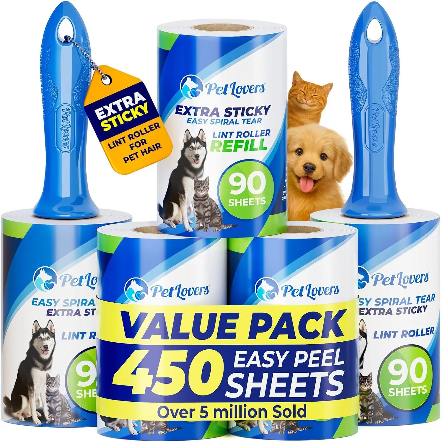 PetLovers Extra Sticky Lint Roller Mega Value Set 450 Sheets for Pet Hair Removal and Clothes, Dog and Cat Lint Remover 5 Pack – 5 Pack