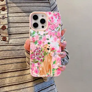 Cute pink phone case featuring a golden retriever carrying a flower, compatible with iPhone. Made of TPU material, it's shockproof, drop-resistant, and won't yellow easily.