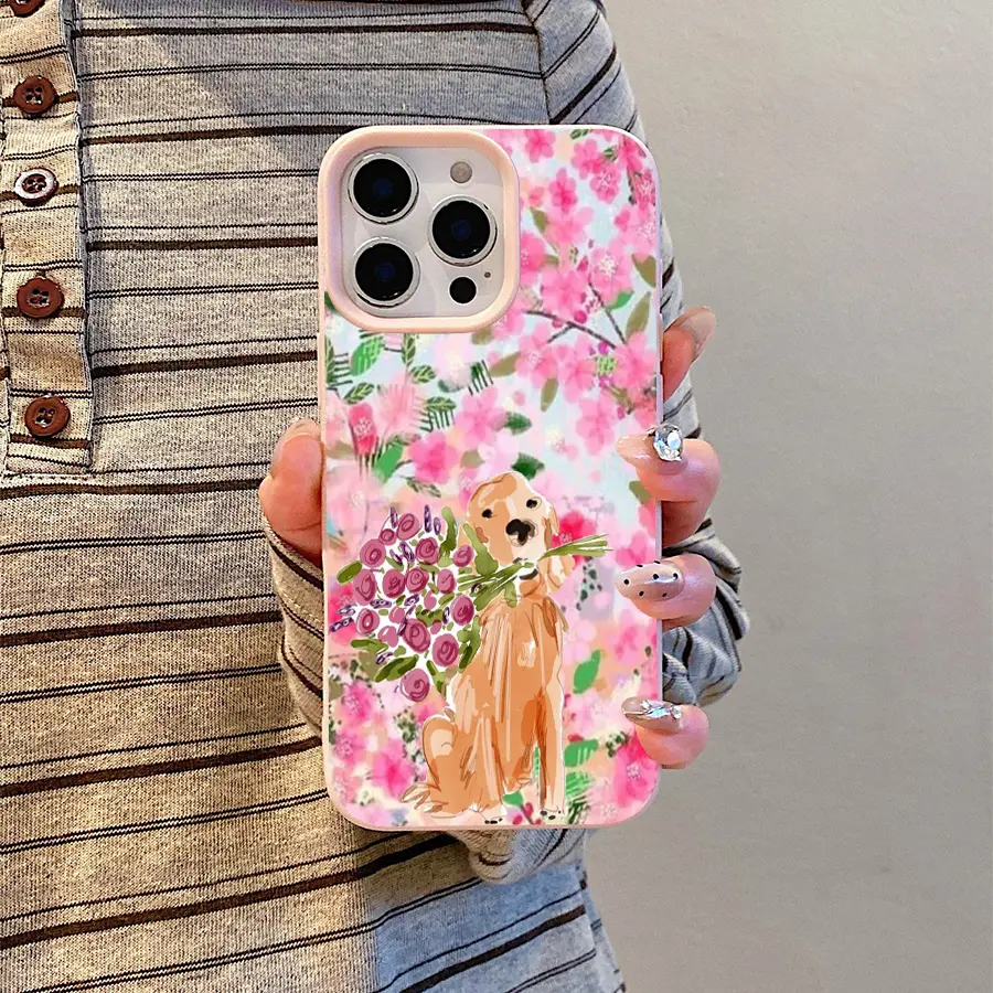 Cute Pink TPU iPhone Case with Golden Retriever & Flower Design, Shockproof Drop-Resistant Non-Yellowing Mobile Phone Cover, Protective Phone Casing & Accessory, Smartphone, Handheld