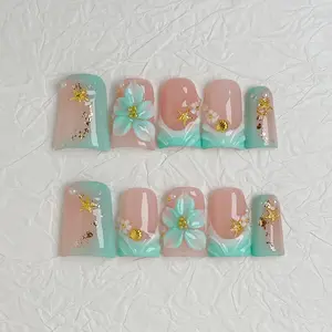 Press On Nails Mint Green Ombre Summer Beach Nails Luxury Shell Starfish Reusable Acrylic Press On Elegant Rhinestone Decorated