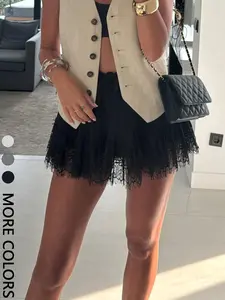 1 piece Women's Valentine's Day lace trim pleated mini skirt, high waist, loose fit, casual chic style, Womenswear, Short, High Waist Skirts