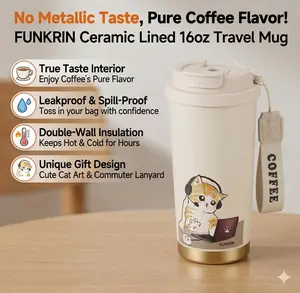 No metallic taste: 16-ounce ceramic-lined insulated coffee cup, equipped with a handle and straw