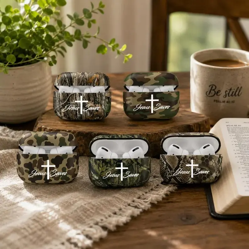 Christian Jesus Saves Camo Case Cover Compatible with AirPods Pro 2 1 3, AirPods 4 3 2 1 - Cross Faith Hunting Forest Camo & Snakeskin Protective Case (2D Flat Printed)