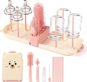 6-in-1 Baby Bottle Brush Set Silicone Bottle Cleaner Kit with Straw Brush, Nipple Brush, Drying Rack, Soap Dispenser & Travel Case – Portable Baby Bottle Cleaning Set for Newborn Essentials