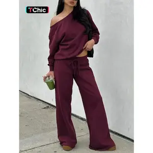 Women’s Off-Shoulder Long-Sleeve Sweater & Pants, 2-Piece Casual Fall Sweatsuit Outfit, Sweater Suit