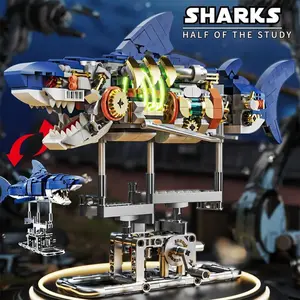 Mechanical Shark Ocean Animal Building Set 687pcs, Stem Toy with Display Stand, Creative Decoration, Perfect Gift for Adults