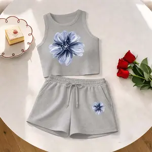 Women's Glacier Flower Print Casual Slim-Fit Vest And Drawstring Shorts Two-Piece Set, Perfect For Summer Wear, A Must-Have For Back-To-School Season.