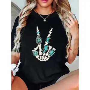 [Graphic Tee] 100% Cotton T shirts Skeleton Turquoise Hand Western Rodeo Cowboy Cowgirl T-Shirt Breathable & Comfort Fit Tee Women,Short Sleeve Crew Neck Top for All Seasons,Graphic Tees Women Tops