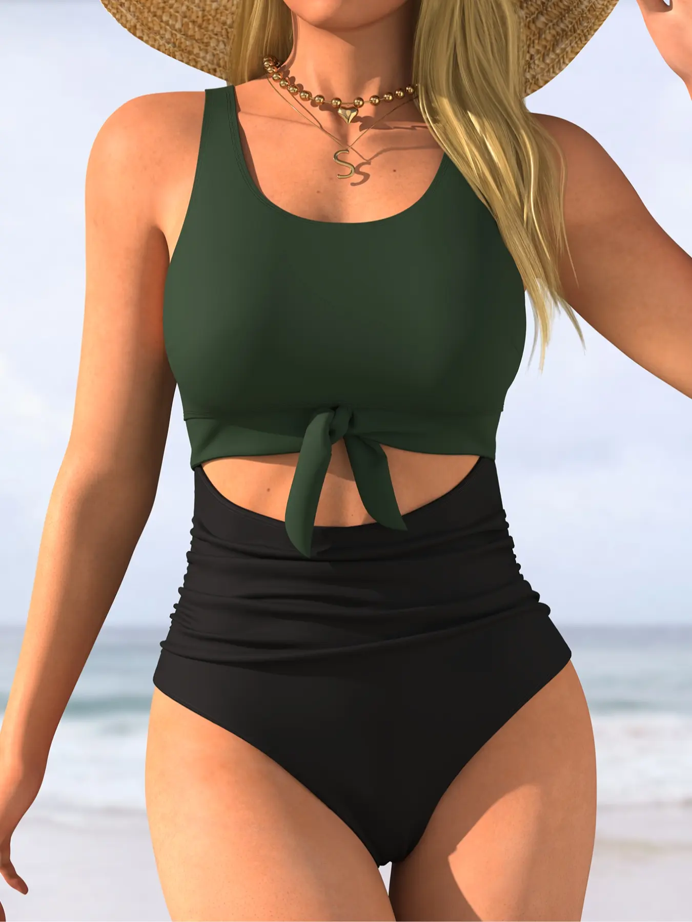 Women's One-Piece Swimsuit with Lace-Up Front, Hollow Design, Adjustable Straps Swimwear, Slim Fit, Patchwork Design, Casual Summer Beachwear, Boho Swimsuit, Bathingsuit, Hollow Out Swimwear