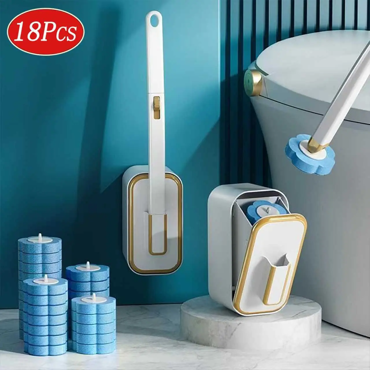 Wall Mounted Toilet Brush Set, 1 Set Toilet Brush with 18Disposable Replacement Brush Head & Holder, Bathroom Cleaning Tool Kit