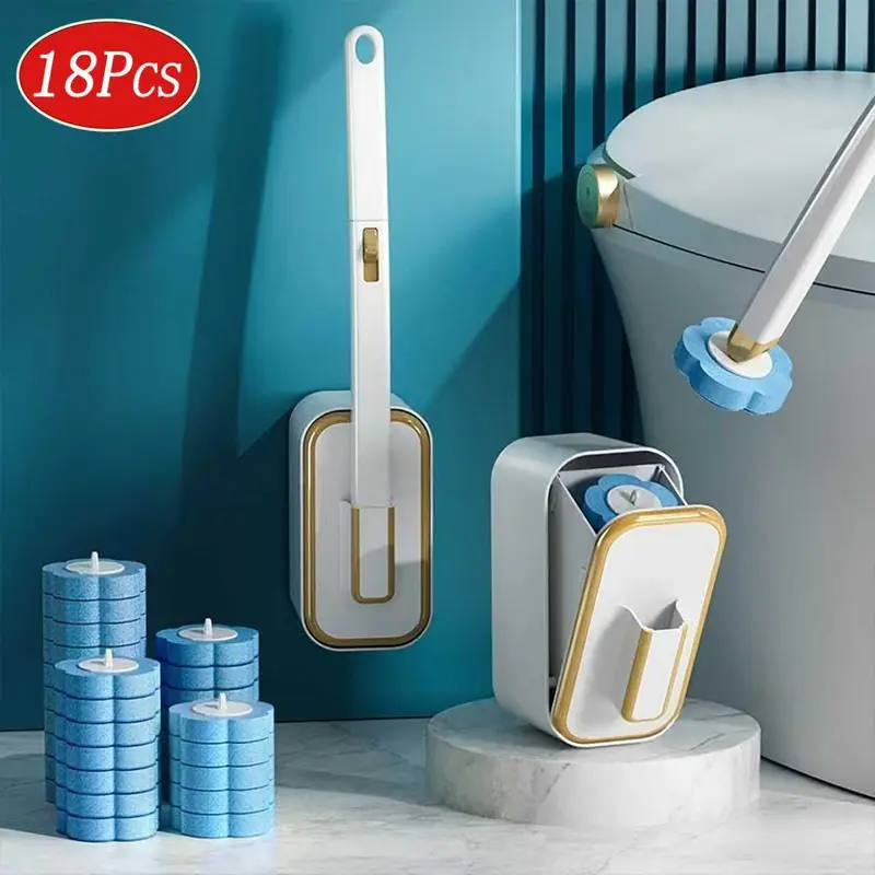 Durable Wall-Mounted Toilet Bowl Brush & Plunger Kit (Toilet Cleaning System), Bathroom Organizer with Reusable Handle, 18 Disposable Odor-Cutting Heads, Adhesive Tape/Screw Holder, Fits Any Bathroom Style