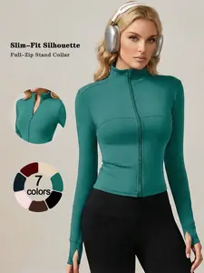 women zip up jacket casual long sleeve daily trendy solid loungewear versatile comfy skin friendly pajamas stand collar high stretch shaping yoga wear all season outdoor thumb hole tight activewear