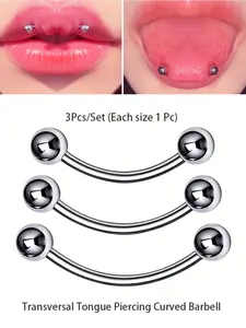 Dark Light 3pcs/set Stainless Steel Tongue Piercing, Tongue Ring, Curved Barbells, Hip Hop Punk Style, No Plating, for Daily & Party Occasions, Piercing Jewelry