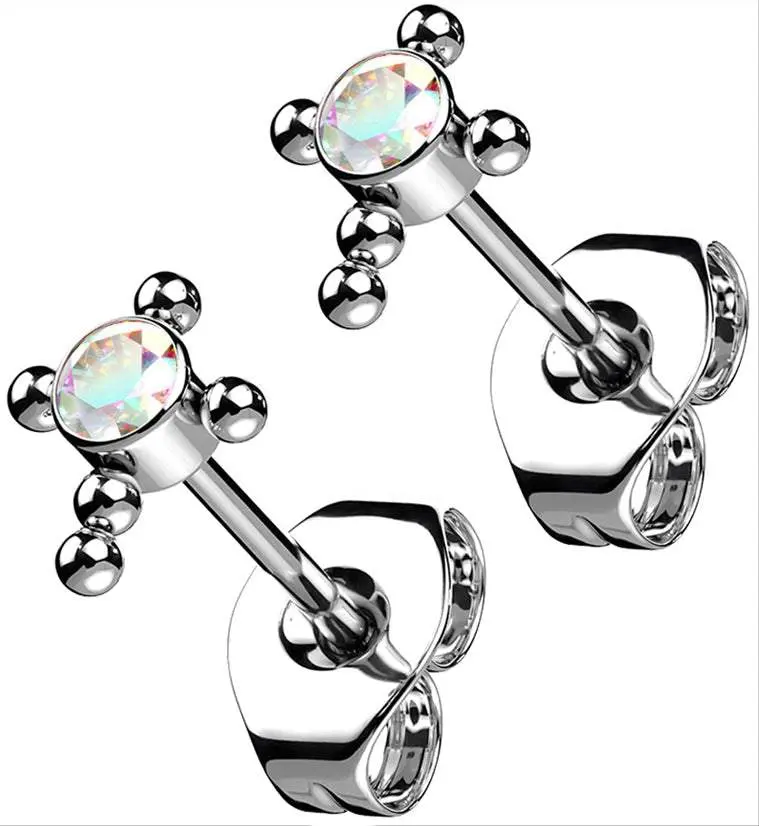 Beaded Cross Rainbow Aurora CZ Titanium Threadless Earrings