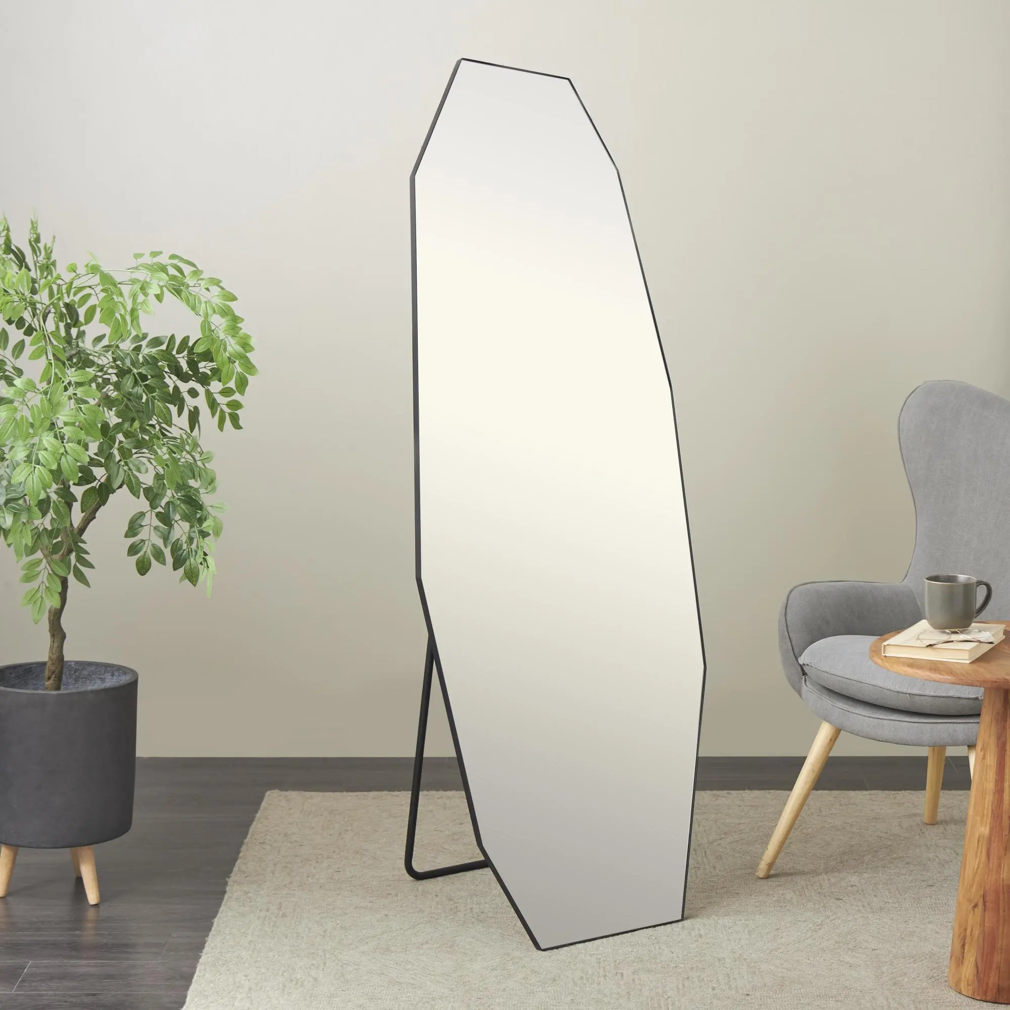 Decorative Modern Black Metal Foldable Freestanding Decagon Floor Mirror - 24.5l x 20w x 64.6h inches, Minimalist Geometric Glass Mirror with Durable Felt-MDF Frame, Rubber Feet, Indoor Use for Entryway, Bedroom Home Decor
