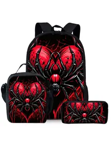 Red Heart Spider Print 3-Piece Backpack Set, Lunch Bag, Pencil Case, Backpack